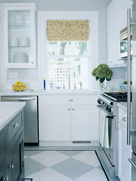 Painted hardwood floor in kitchen with checkerboard pattern