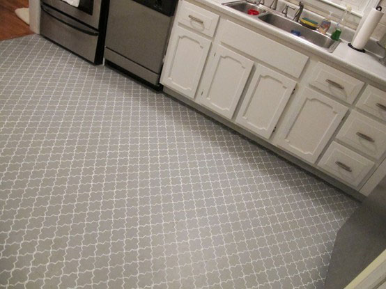 Painted stencil plywood kitchen floor