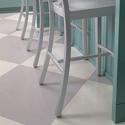 Painted plywood kitchen floor gray and white checkerboard