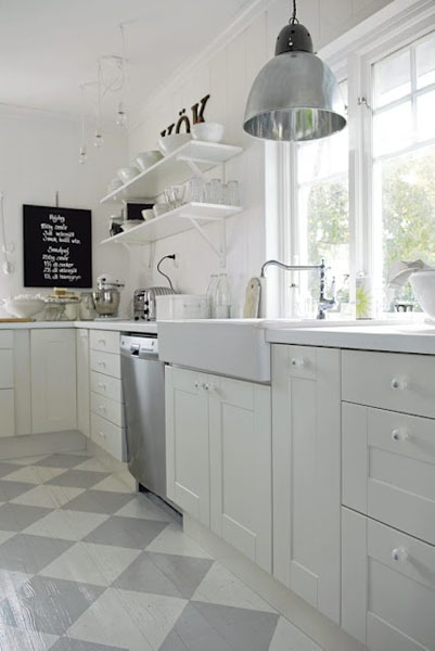 Gray and white checkerboard kitchen floor painted
