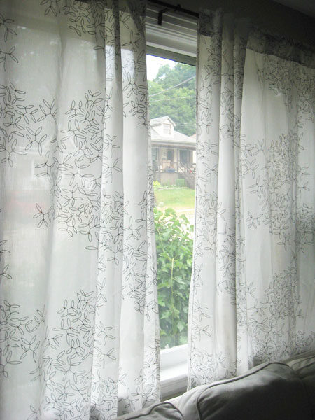 Ikea Hedda Blad white patterned curtains in living room 