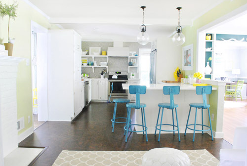 Teal spraypainted kitchen stools from Young House Love
