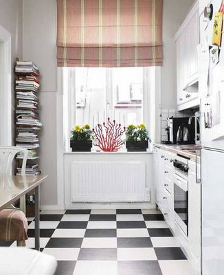 Black and white checkerboard kitchen floor - Brown Button