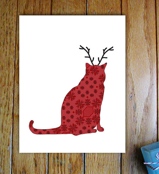 Red brocade ktty reindeer Christmas card