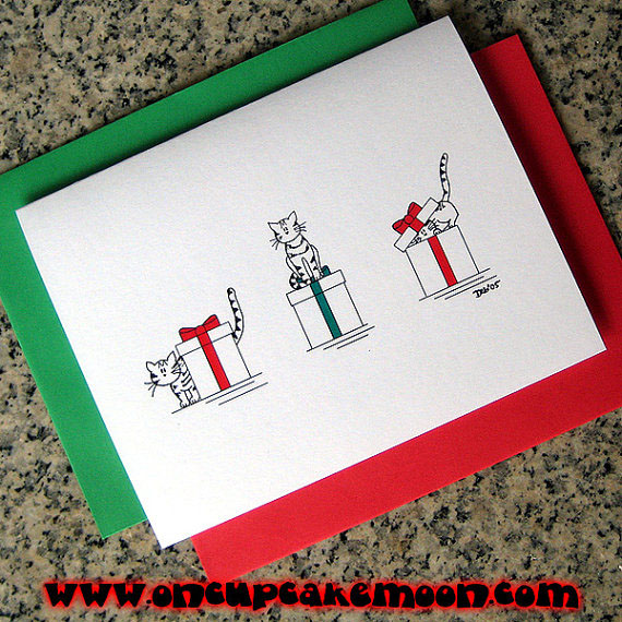 Three cats with gifts Christmas cards