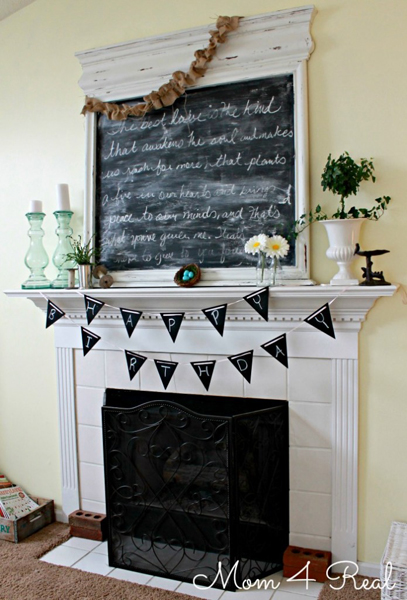 Chalkboard fireplace mantel with banner
