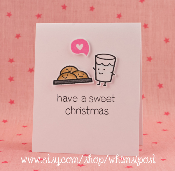 Pink Christmas card with milk and cookies from etsy