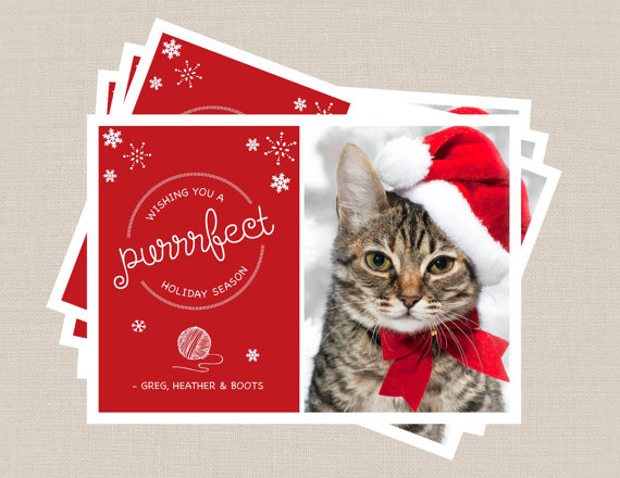Red and white cat Christmas card with cat wearing a Santa hat courtesy of etsy
