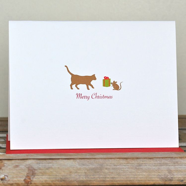 Handmade Christmas card with cat and mouse and gift
