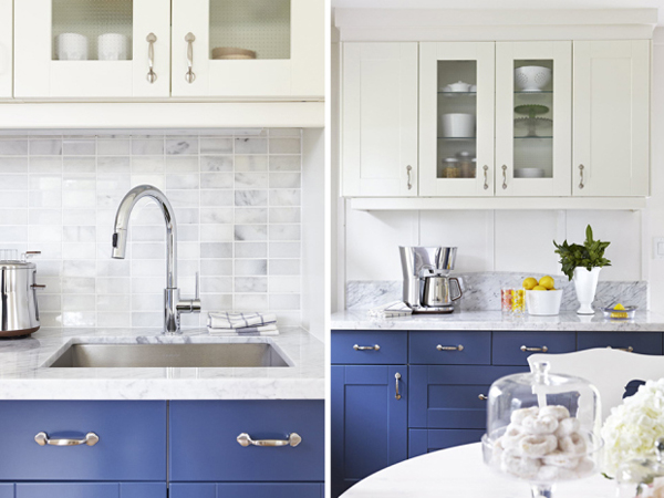 Two toned kitchen cupboards with blue lowers and white uppers by Samantha Pynn