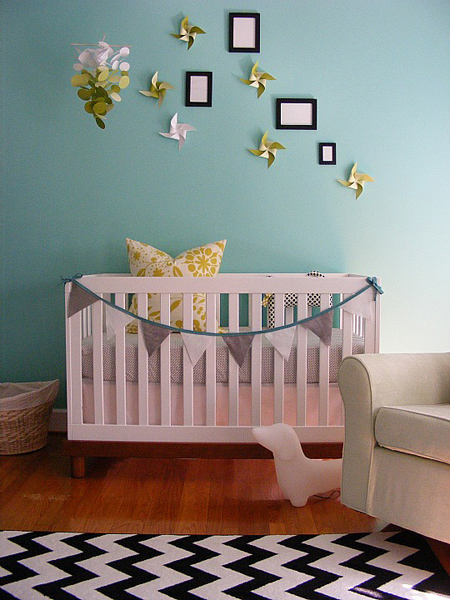 Teal and lime green nursery with bunting and pinwheels