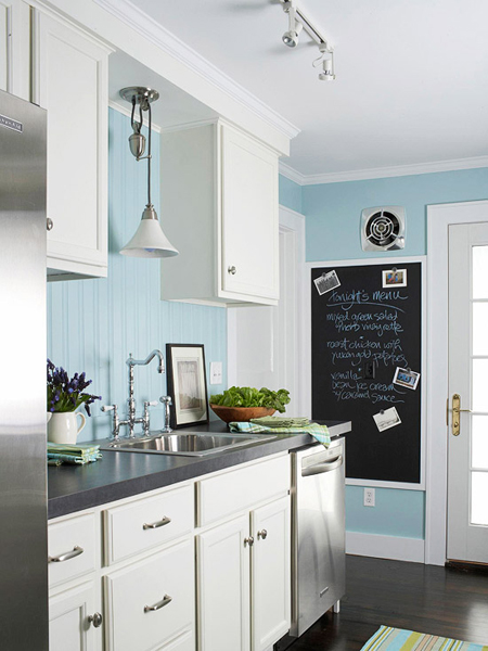Blue beadboard kitchen with white cupboards and gray countertops